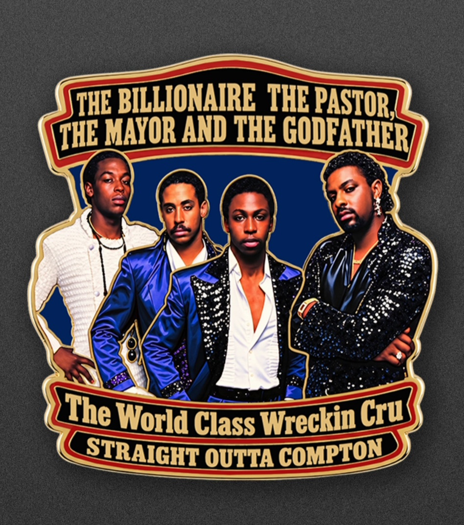 World Class Wreckin’ Cru Enamel Pin, Celebrate the World Class Wreckin’ Cru with this enamel pin featuring The Billionaire, The Pastor, The Mayor and The Godfather design.